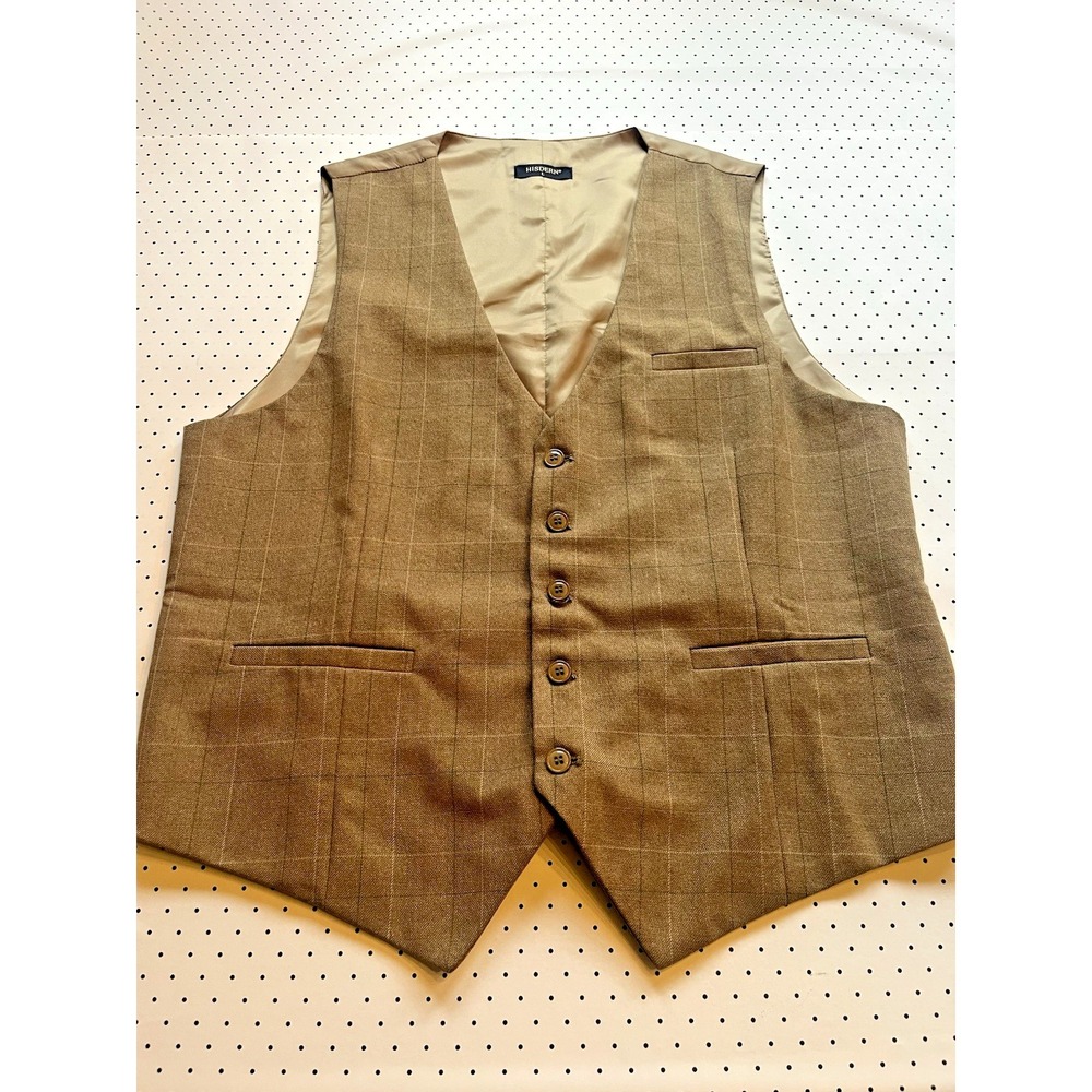 Hisdern Men's Brown Windowpane Suit Vest Waistcoat Large